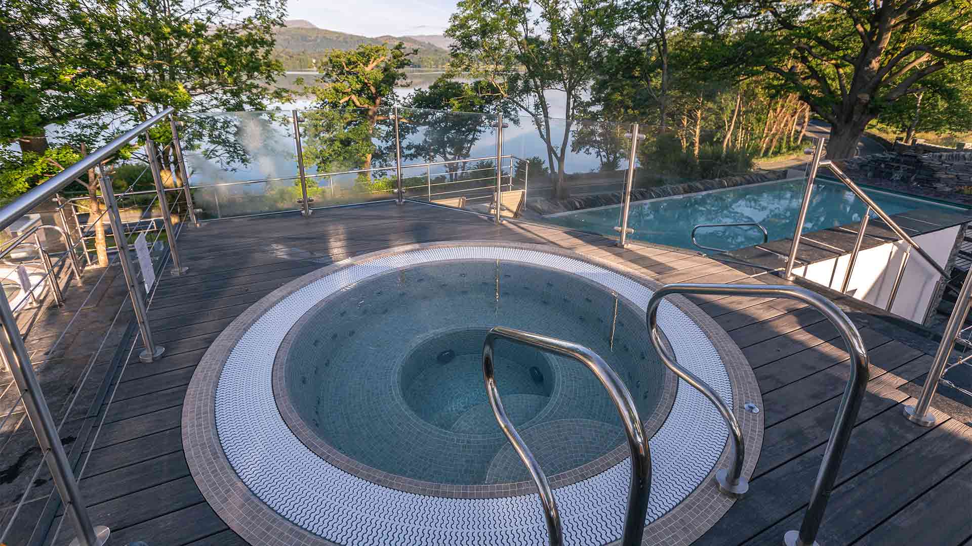 The outdoor hottub with views over Windermere from the spa